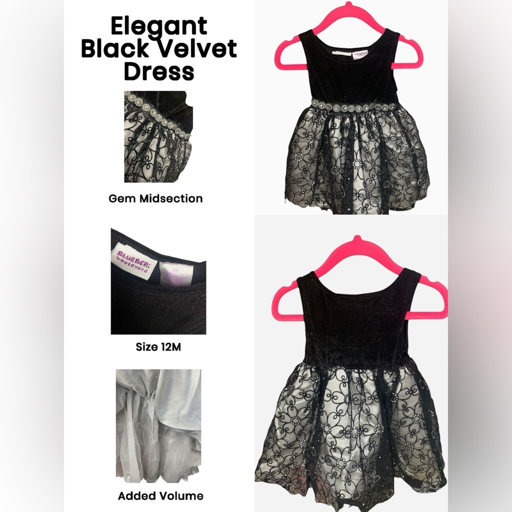Elegant Black Velvet Blueberi Boulevard Dress, Size 12M